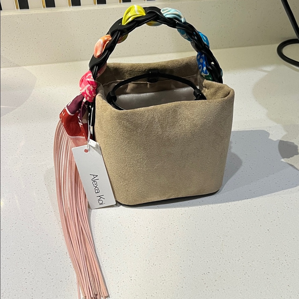 Beige Bucket Bag with Multicolor fringe twilly